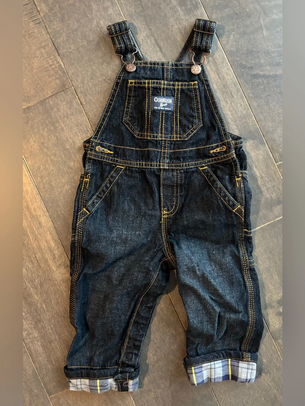 OshKosh B'gosh Indigo Denim Overalls with Yellow Stitching 12 Month
